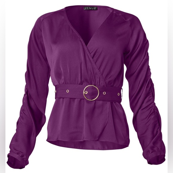 Venus Deep V-Neck Belted Blouse In Violet - Picture 6 of 6
